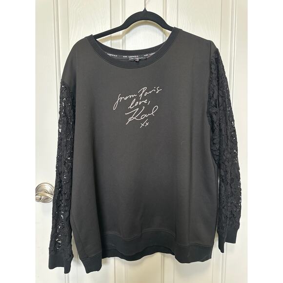 Karl Lagerfeld Paris Black Lace Sleeve Sweatshirt From Paris With Love Womens XL - Picture 4 of 7